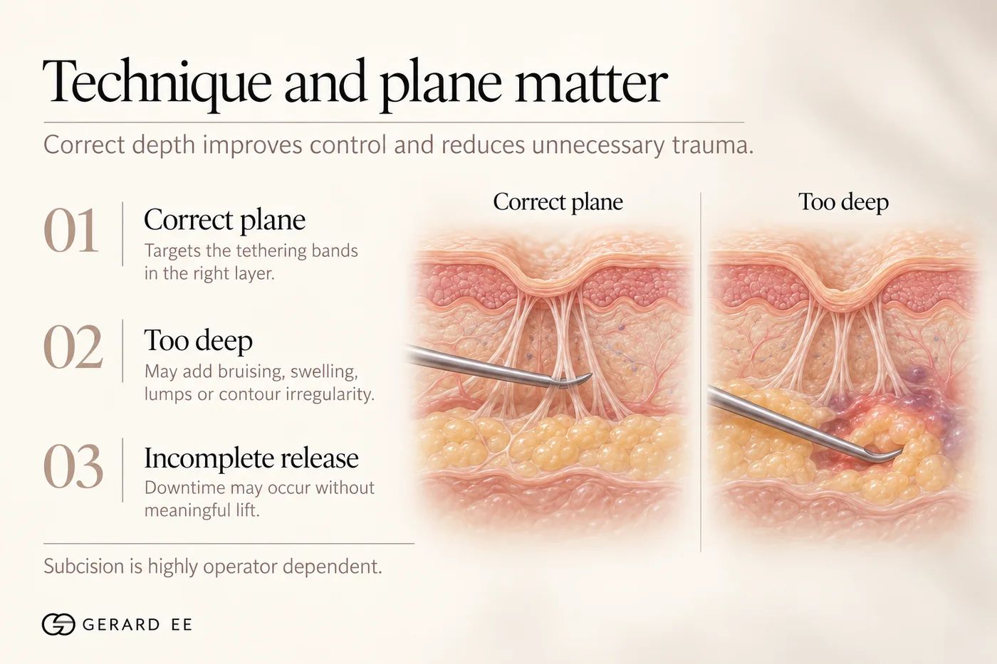 Subcision technique and plane: correct plane versus too deep