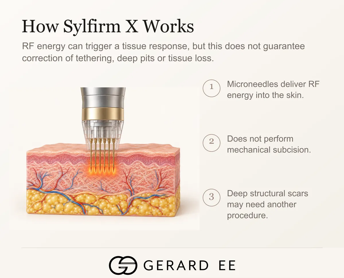 How Sylfirm X works, RF energy does not correct tethering, deep pits or tissue loss in acne scars