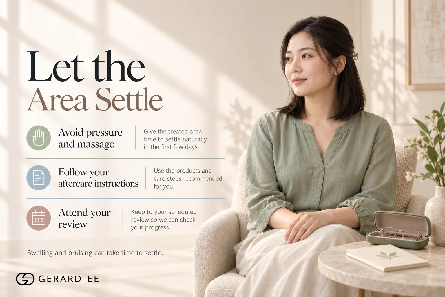 Temple filler aftercare, avoid pressure and massage, follow aftercare instructions and attend the review