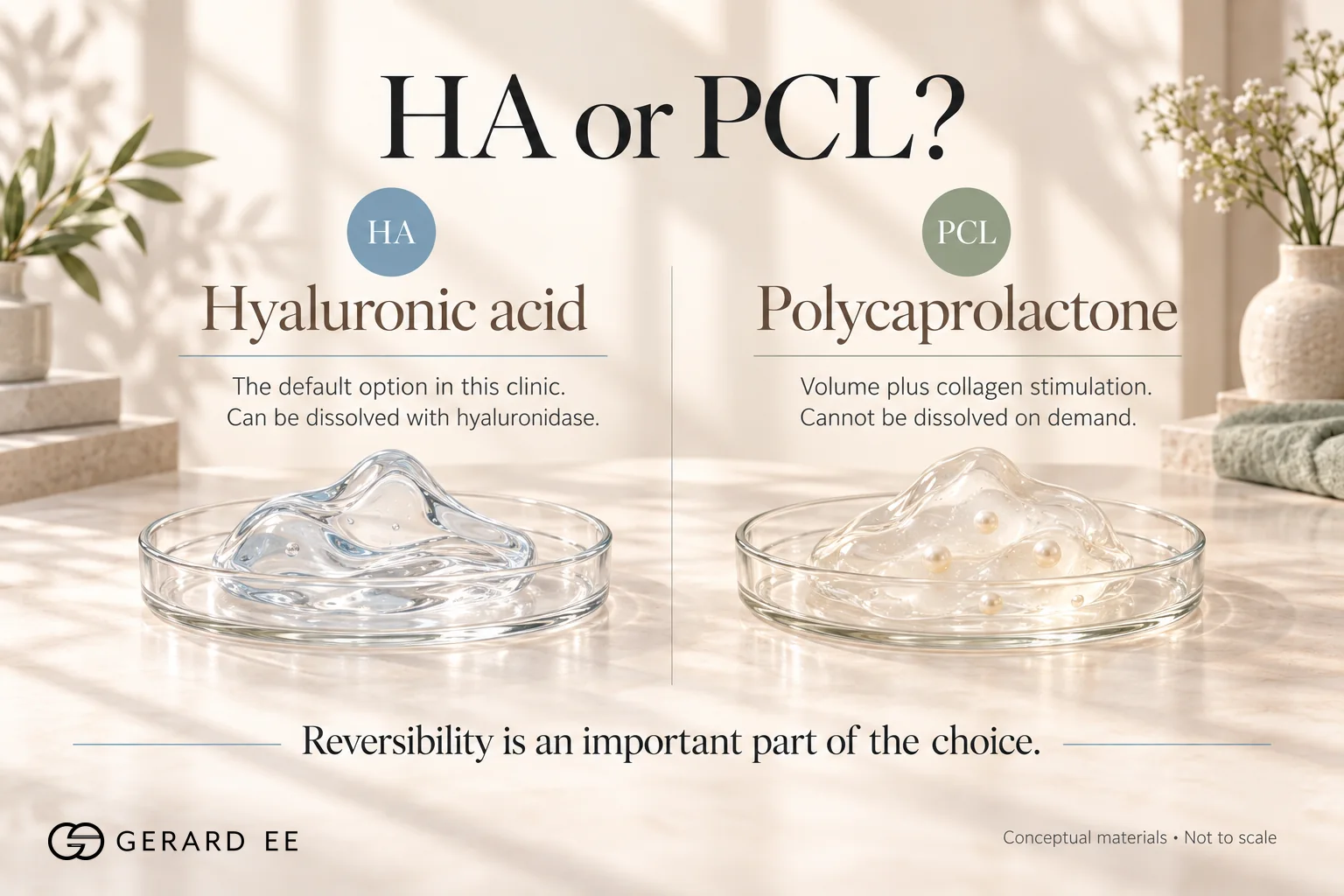 HA vs PCL temple filler, hyaluronic acid can be dissolved while polycaprolactone cannot