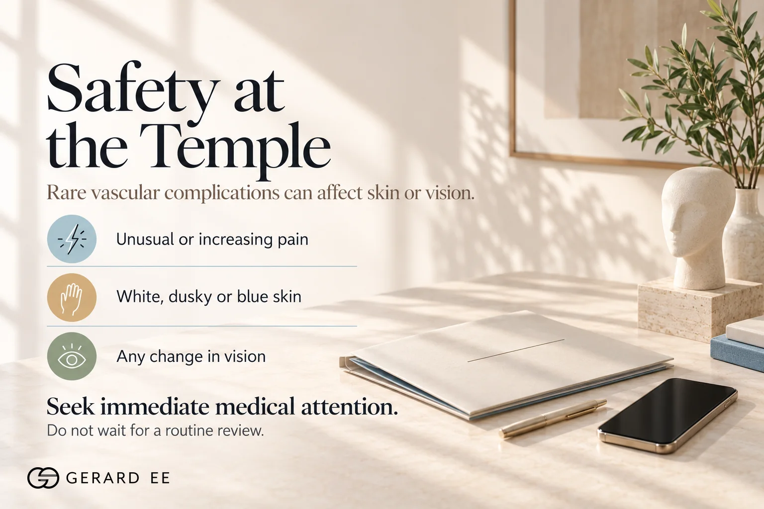 Temple filler safety, warning signs of a vascular complication include unusual pain, white or dusky skin and any change in vision
