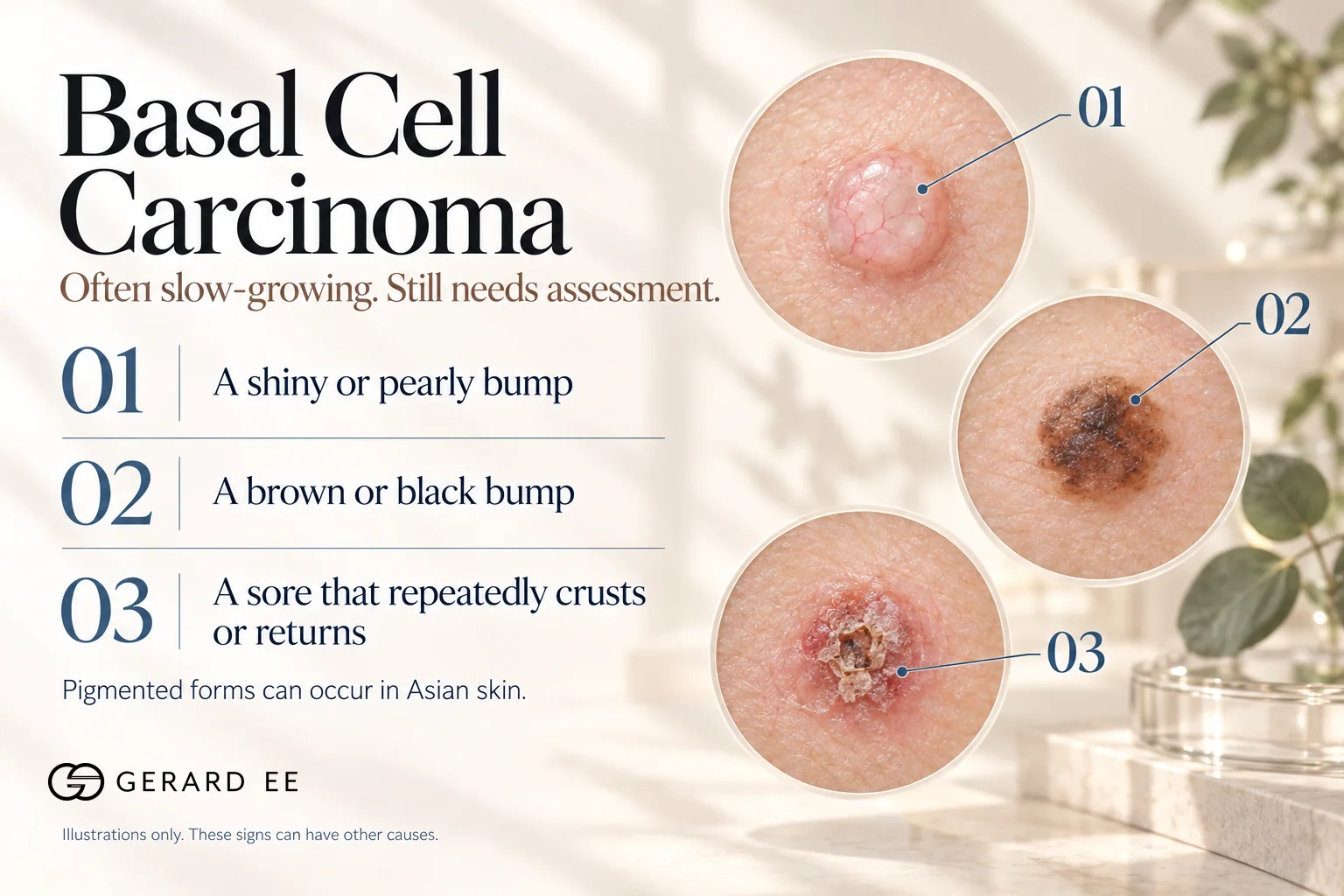 Basal cell carcinoma signs, a shiny or pearly bump, a brown or black bump, or a sore that repeatedly crusts