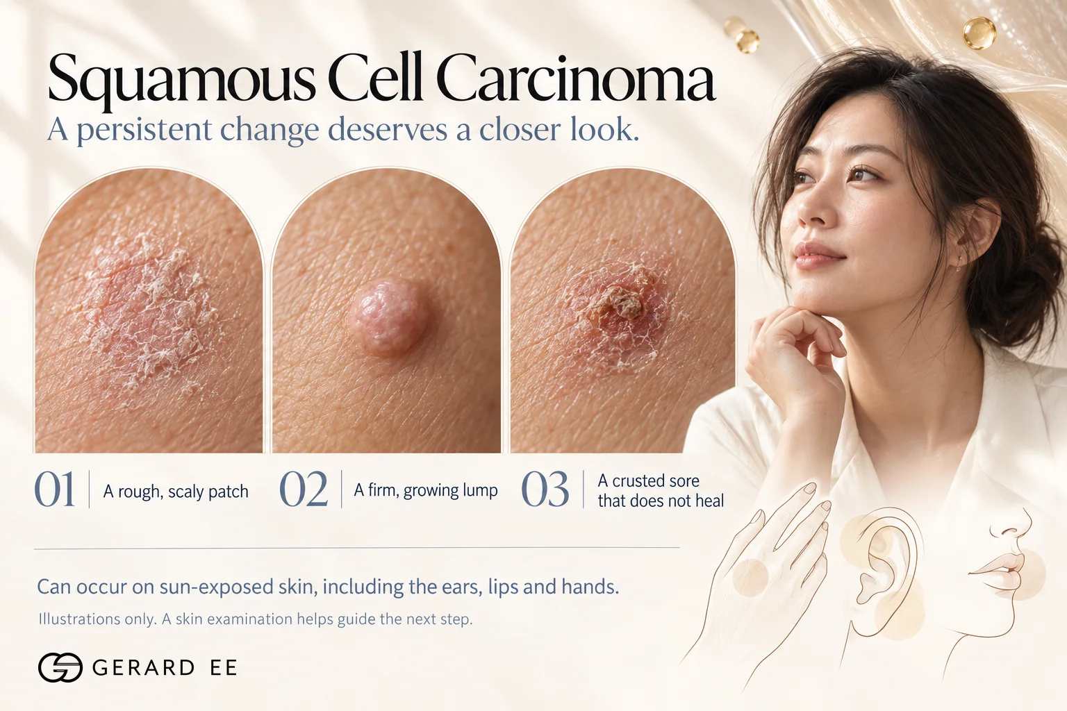 Squamous cell carcinoma signs, a rough scaly patch, a firm growing lump or a crusted sore that does not heal