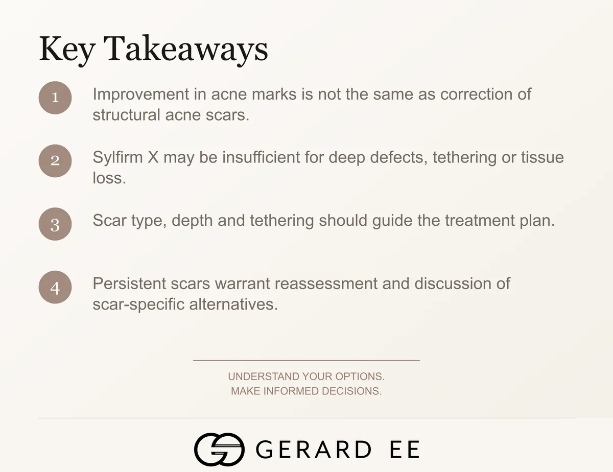 Key takeaways on what Sylfirm X is good for, acne marks versus structural acne scars