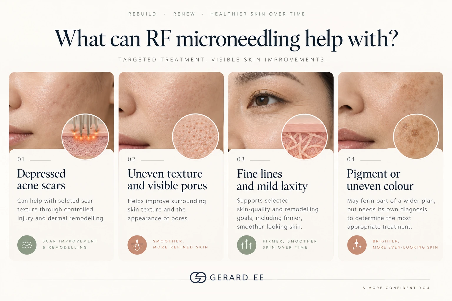 What RF microneedling can help with: depressed acne scars, uneven texture and pores, fine lines and mild laxity, pigment or uneven colour