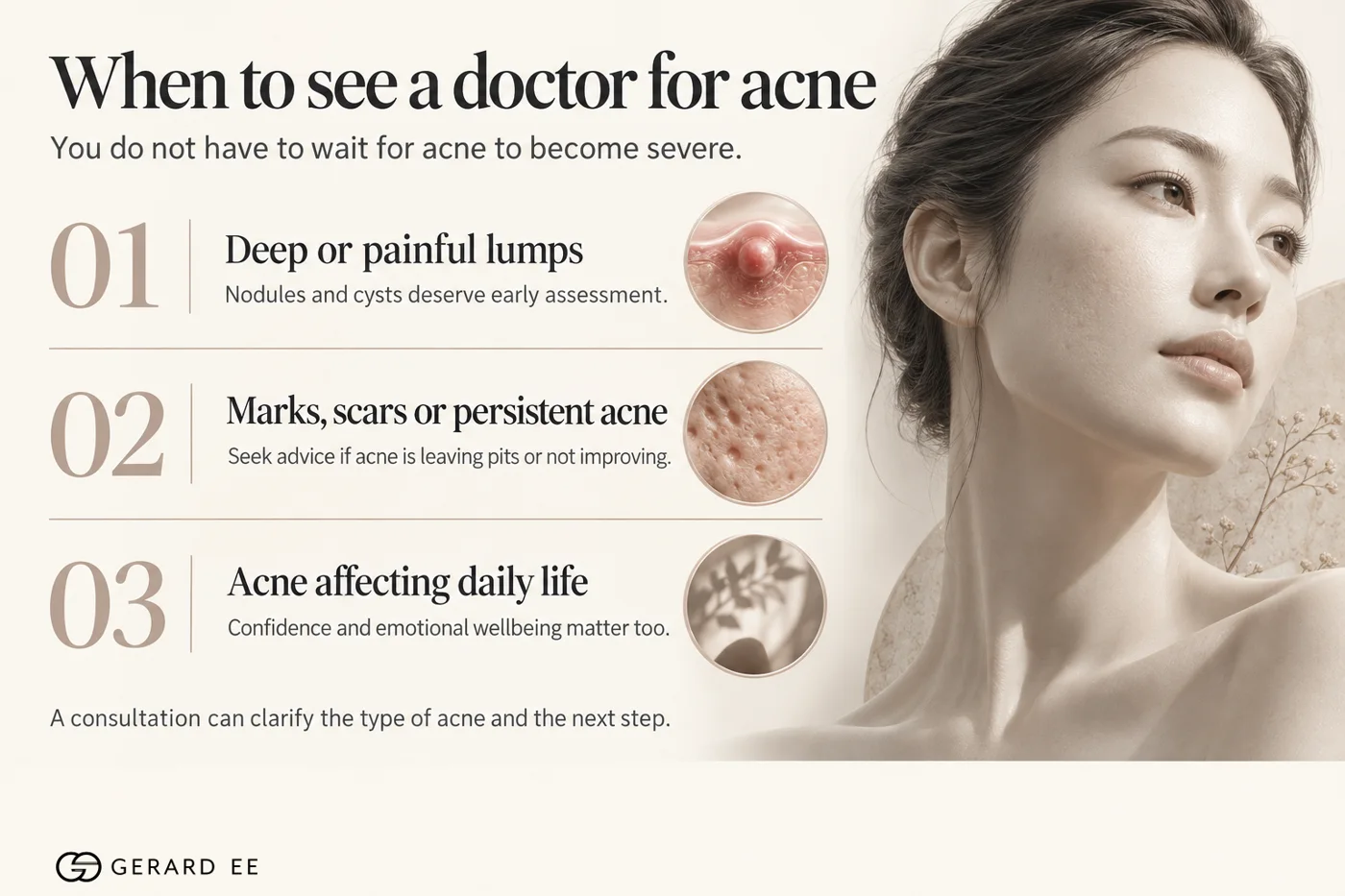 When to see a doctor for acne in Singapore: deep or painful lumps, marks or scars, acne affecting daily life