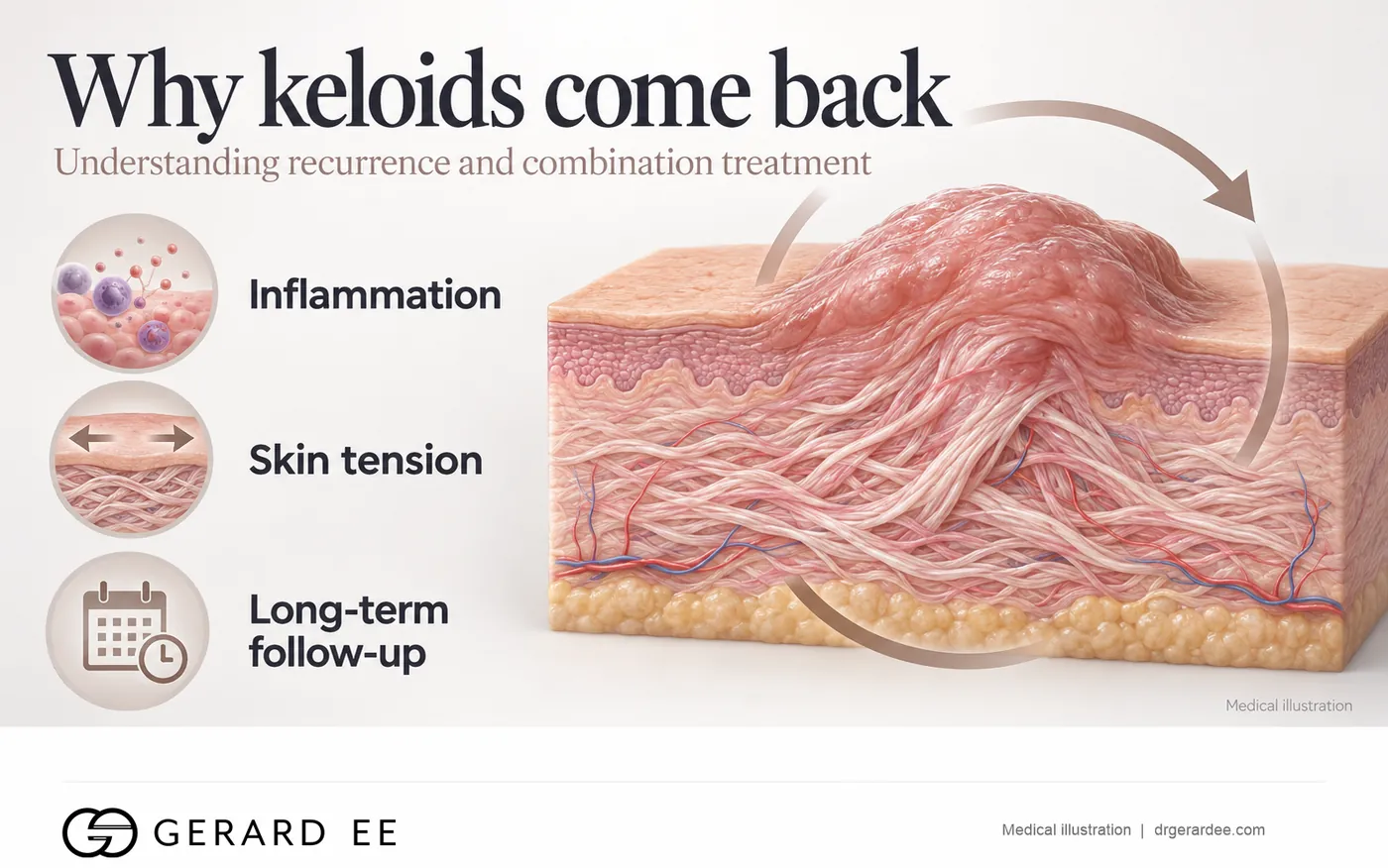 Why keloids come back: inflammation, skin tension and long-term follow-up