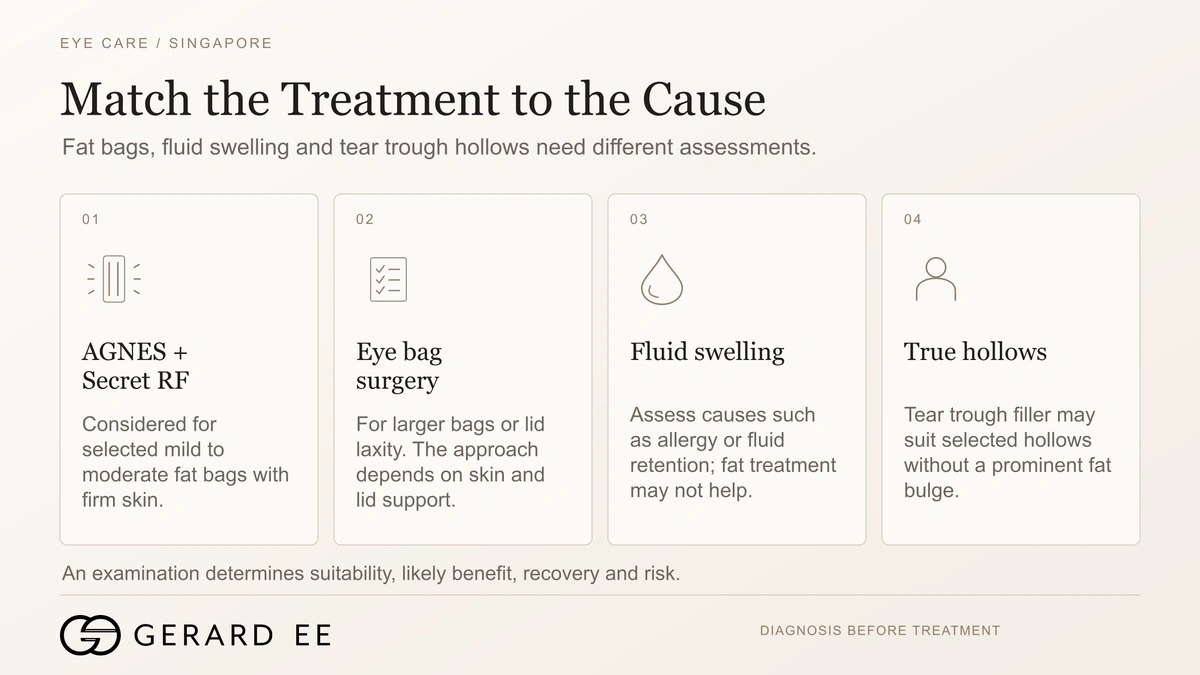 Match the eye bag treatment to the cause, AGNES with Secret RF, eye bag surgery, fluid swelling and tear trough hollows