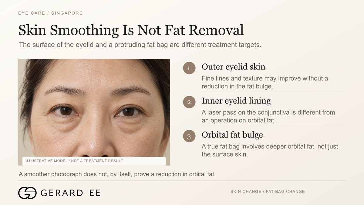 4D eye bag removal, skin smoothing is not fat removal, outer skin, inner lining and orbital fat bulge