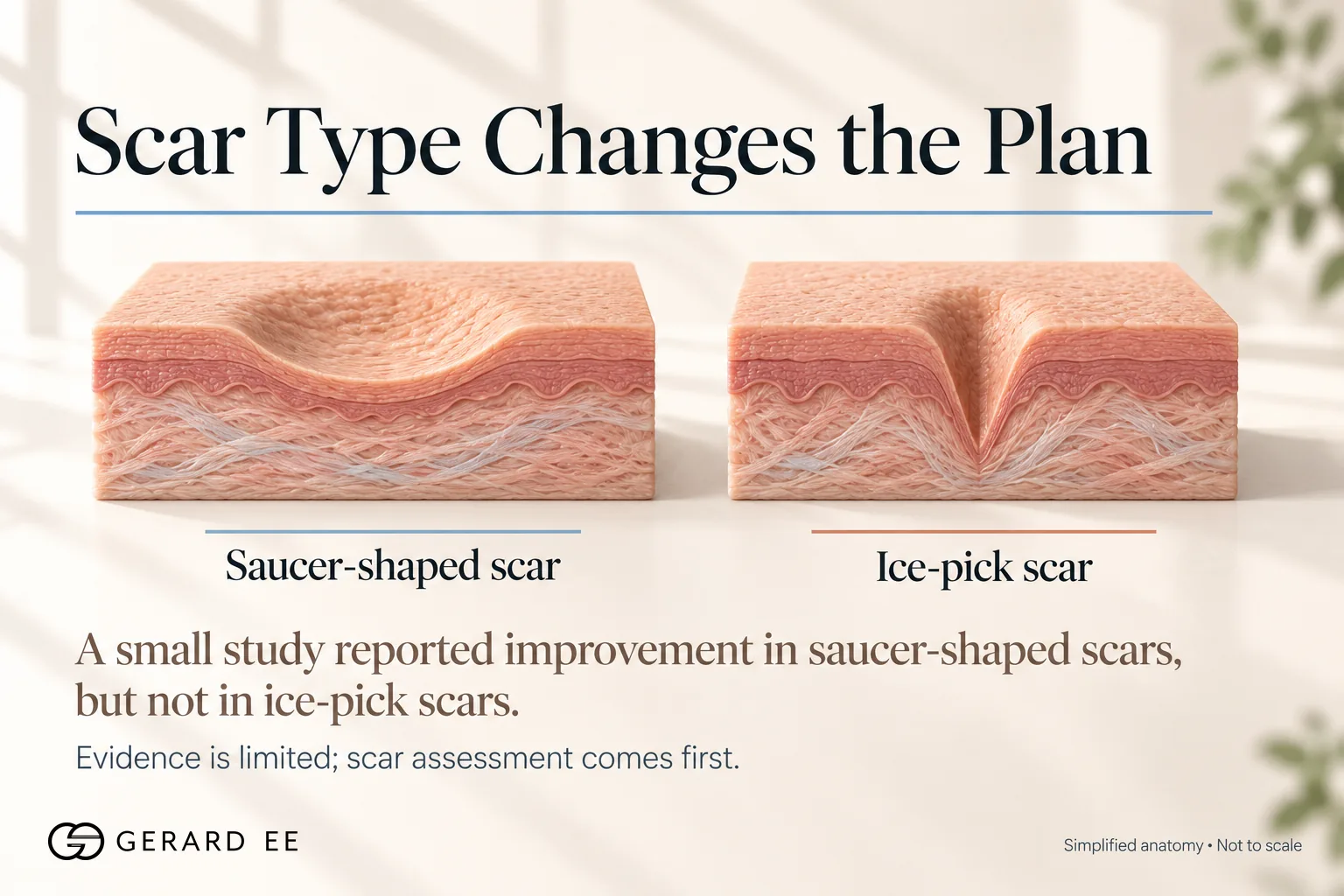 CaHA for acne scars, saucer-shaped scars improved but ice pick scars did not