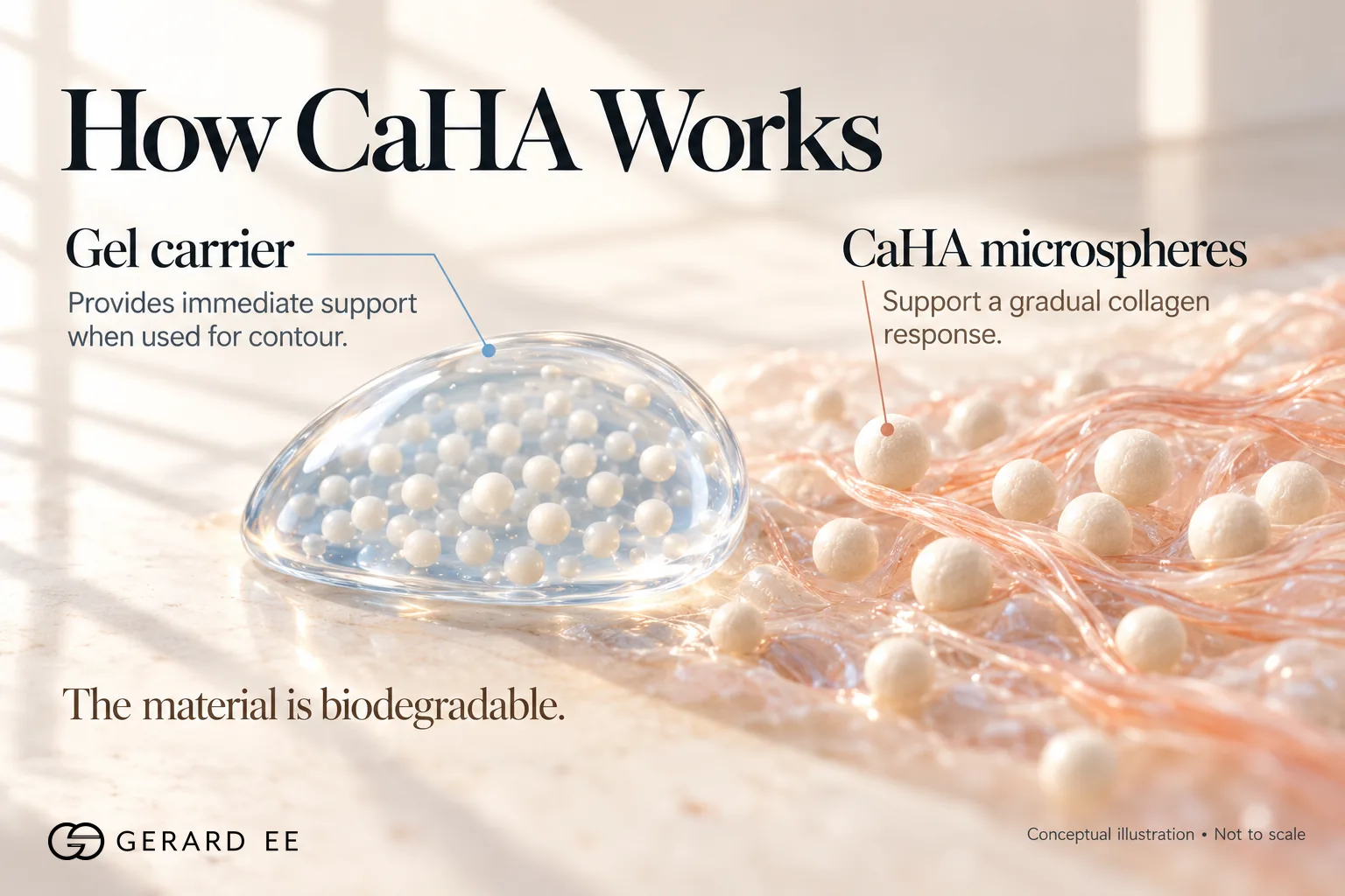 How CaHA works, gel carrier for immediate support and microspheres for a collagen response