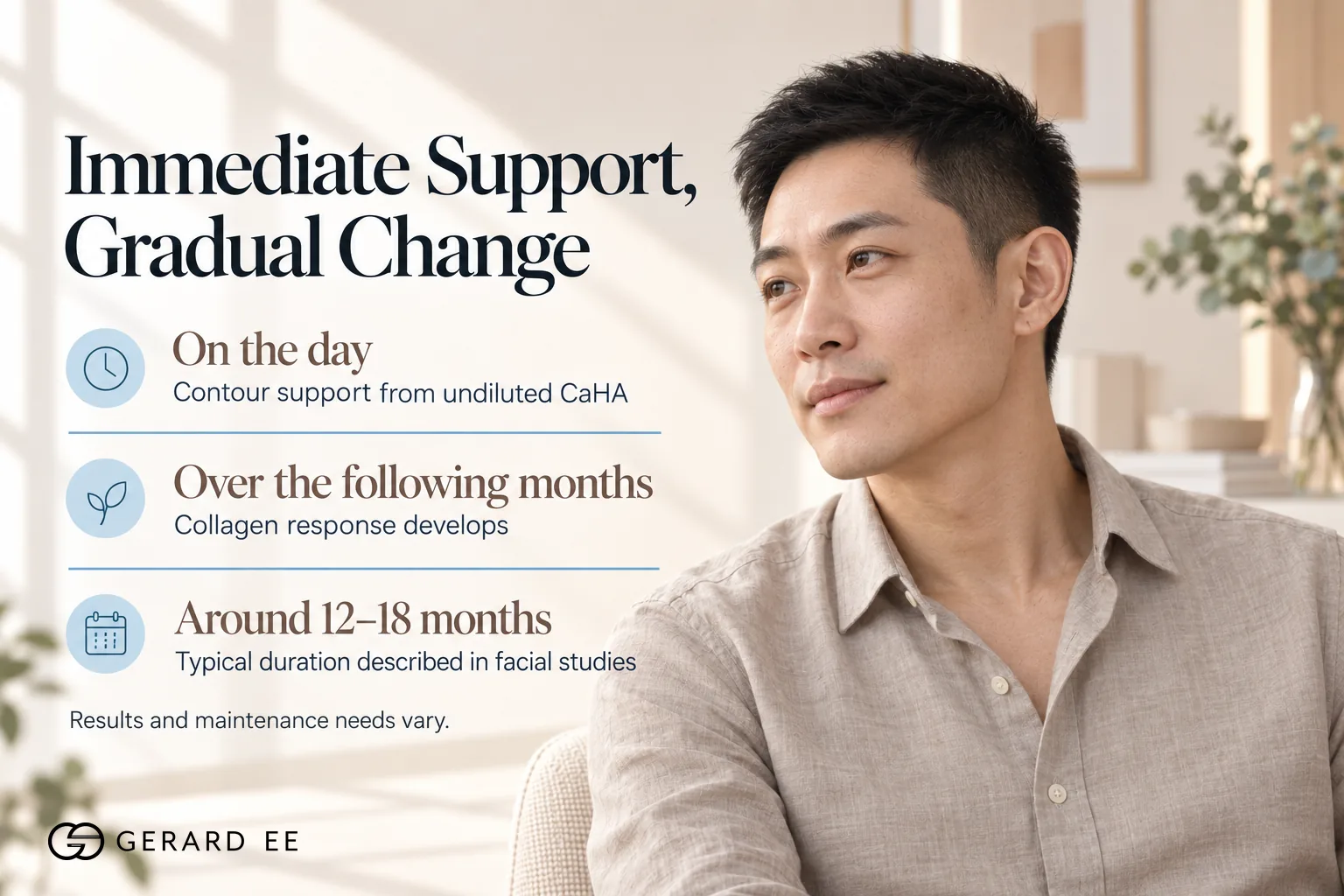 CaHA results timeline, contour on the day, collagen over months, 12 to 18 months duration