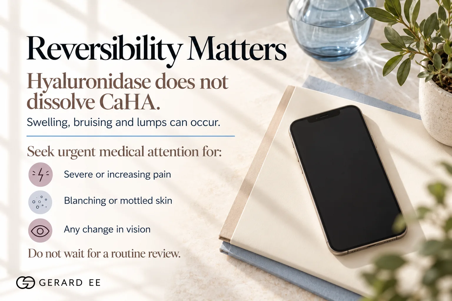 CaHA side effects and reversibility, hyaluronidase does not dissolve CaHA, warning signs needing urgent attention