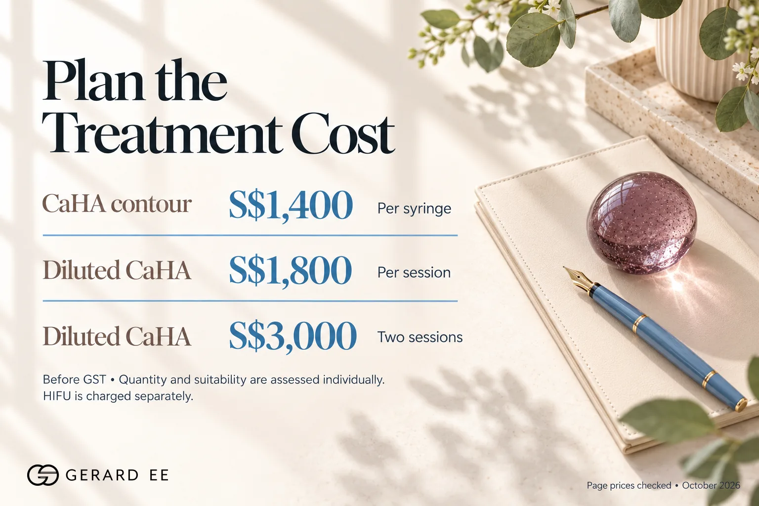 CaHA treatment price in Singapore, $1,400 per syringe and diluted CaHA $1,800 per session