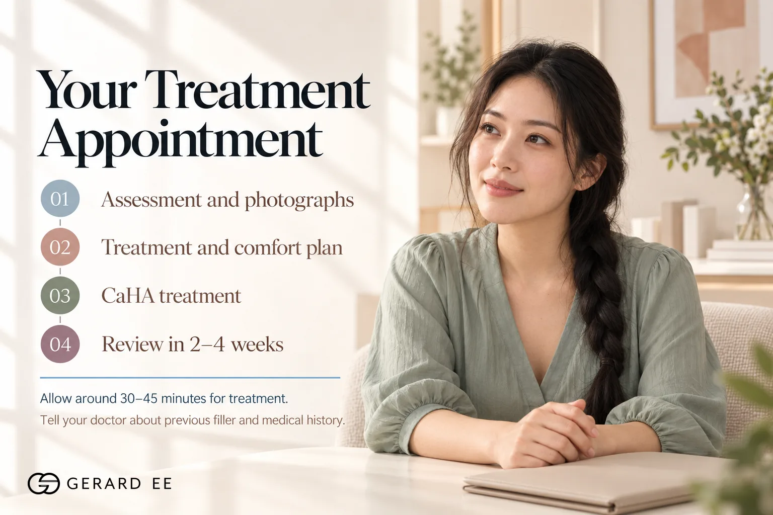 CaHA treatment appointment, assessment, photographs, treatment and review in 2 to 4 weeks
