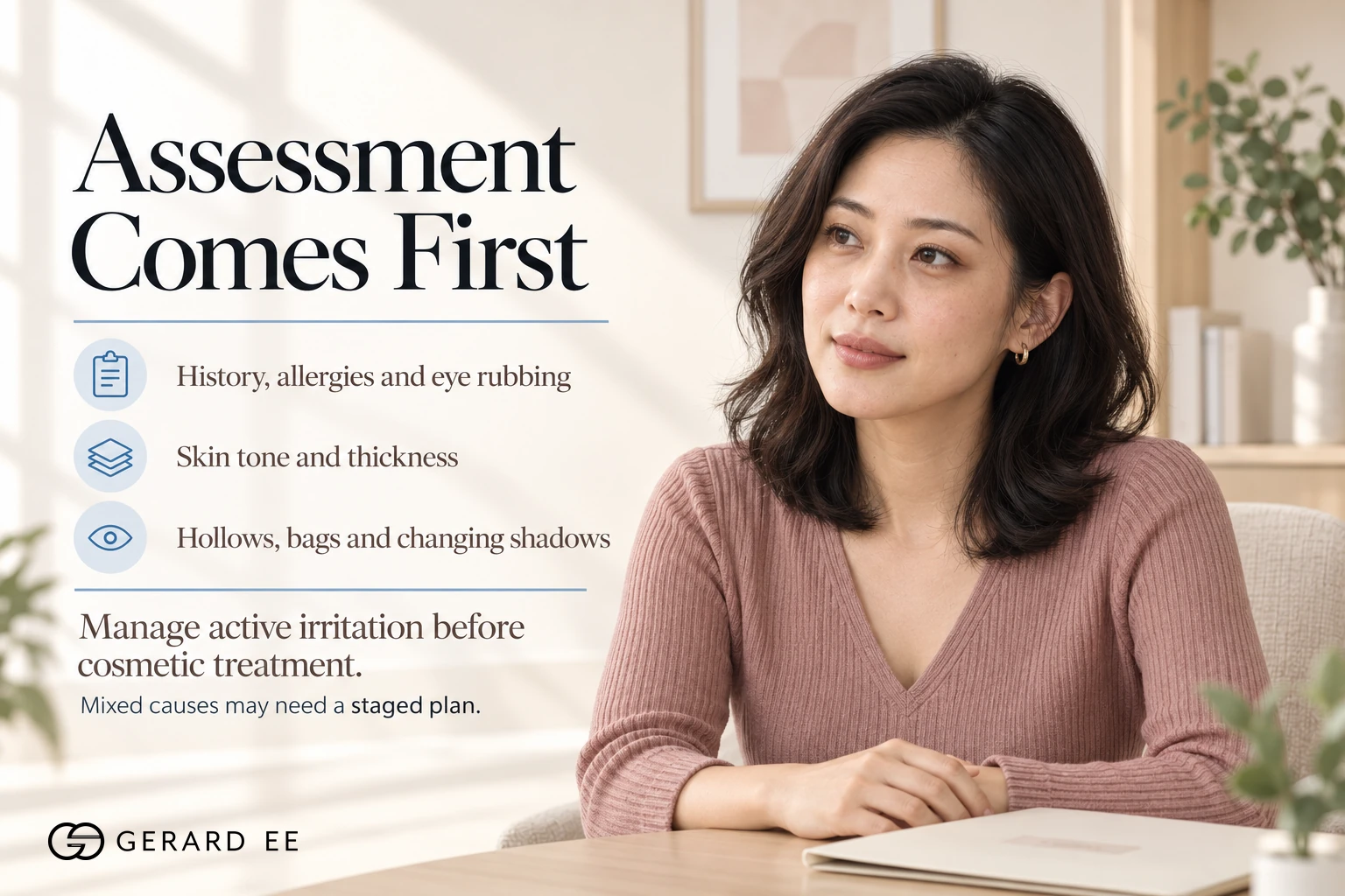 Dark eye circle assessment before treatment, history, allergies, eye rubbing, skin tone, thickness, hollows and eye bags