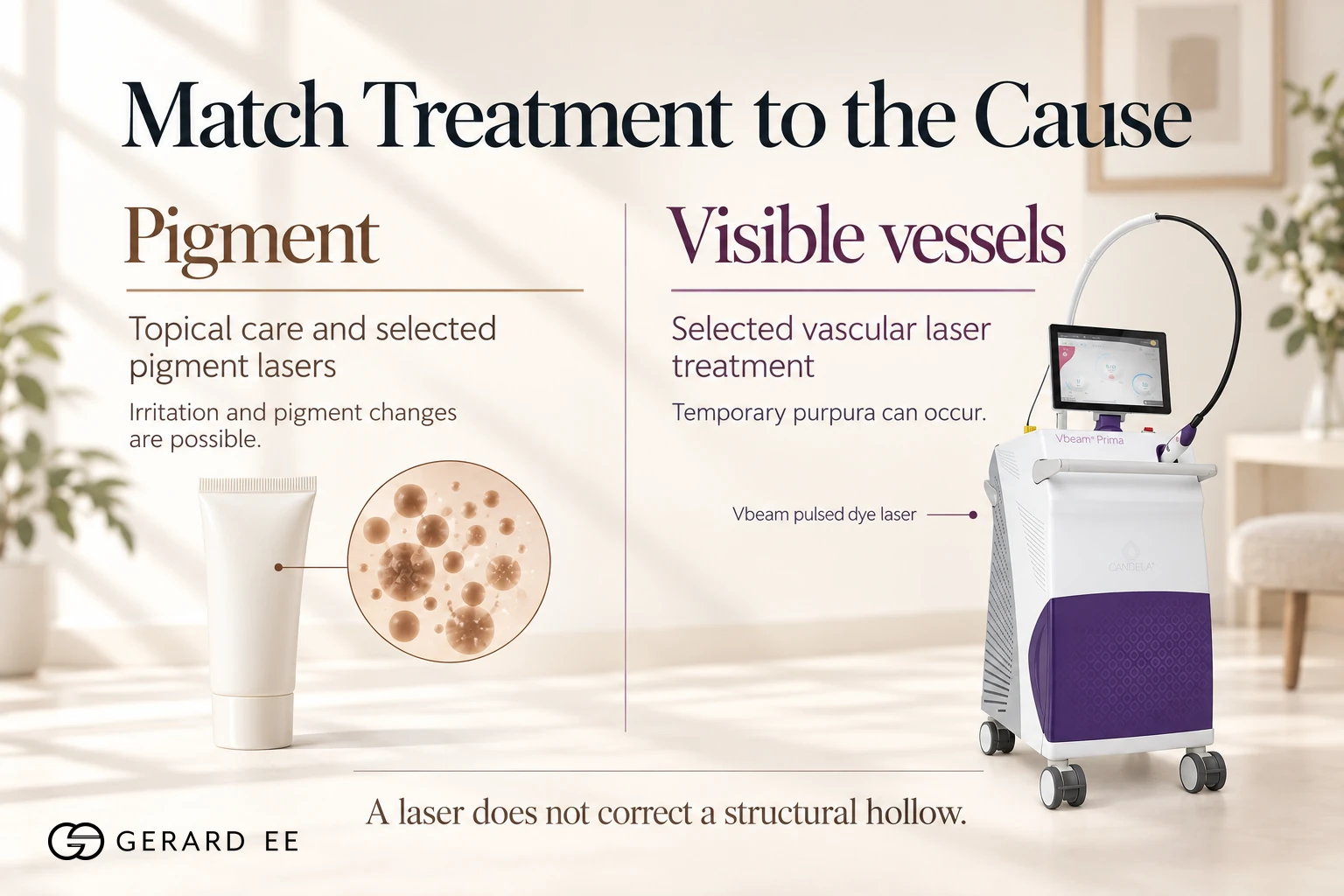 Dark eye circle treatment matched to the cause, topical care and pigment lasers for pigment, Vbeam vascular laser for visible vessels
