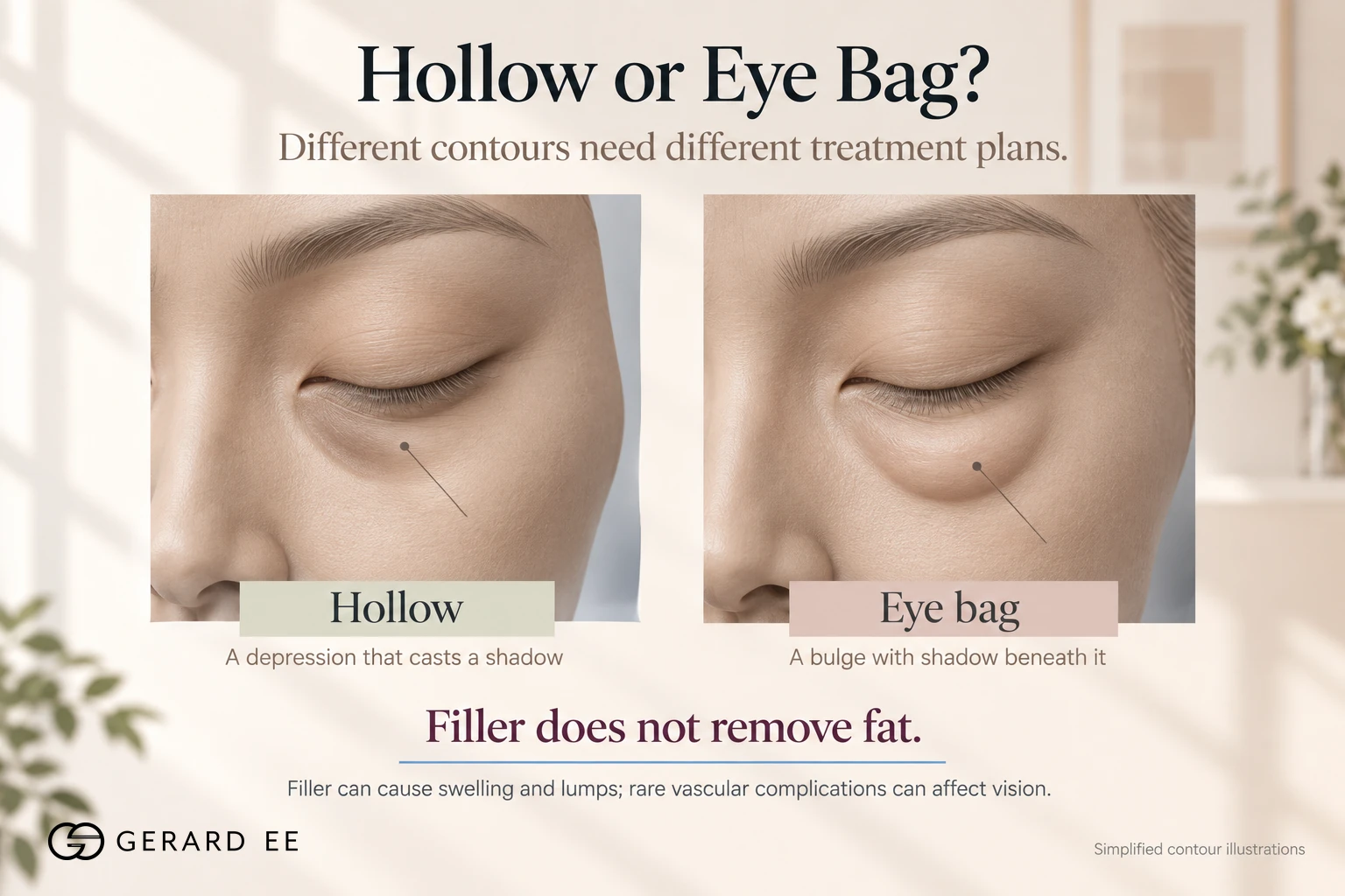Dark eye circles from a tear trough hollow versus an eye bag, filler does not remove fat
