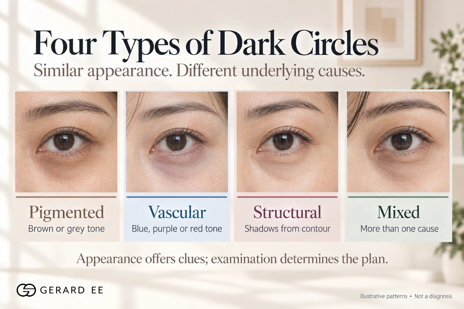 Four types of dark eye circles, pigmented, vascular, structural and mixed, shown side by side