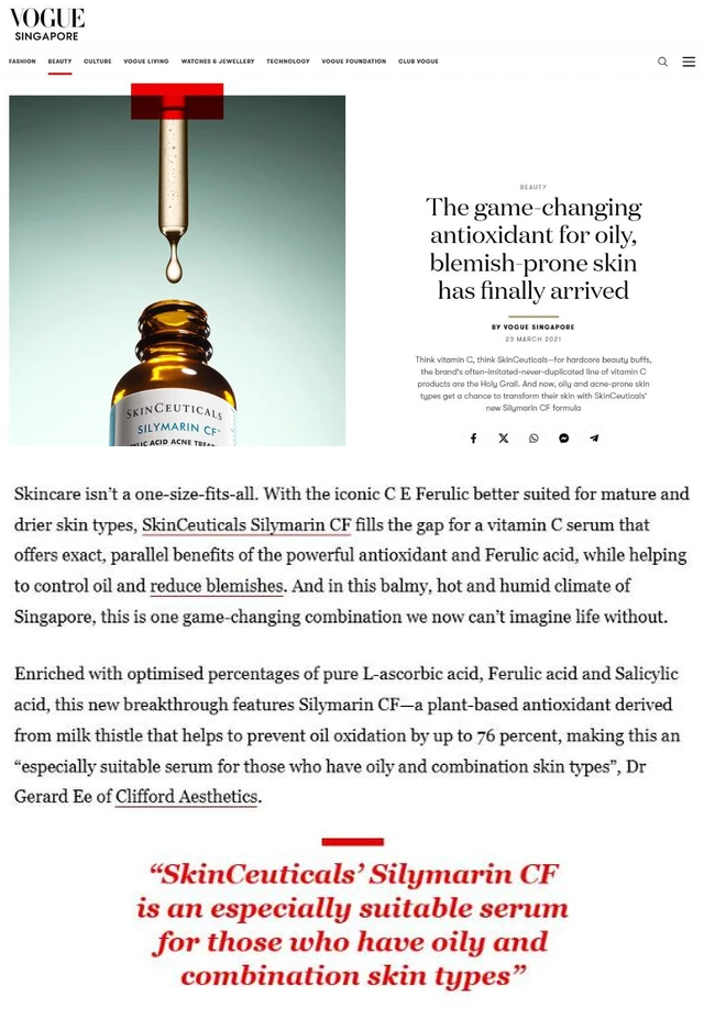 Vogue Singapore media coverage, Dr Gerard Ee on SkinCeuticals Silymarin CF