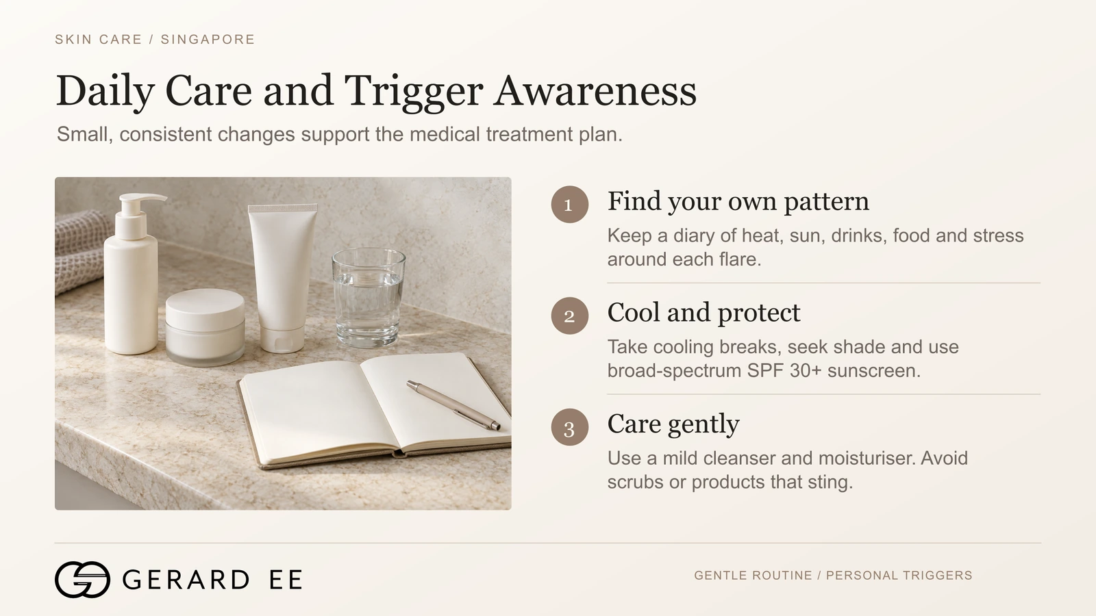 Rosacea daily care and trigger awareness, symptom diary, cooling, SPF 30 sunscreen and gentle skin care