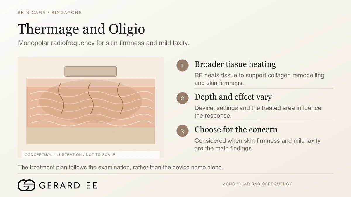Sagging skin treatment Singapore, Thermage and Oligio monopolar radiofrequency for skin firmness and mild laxity