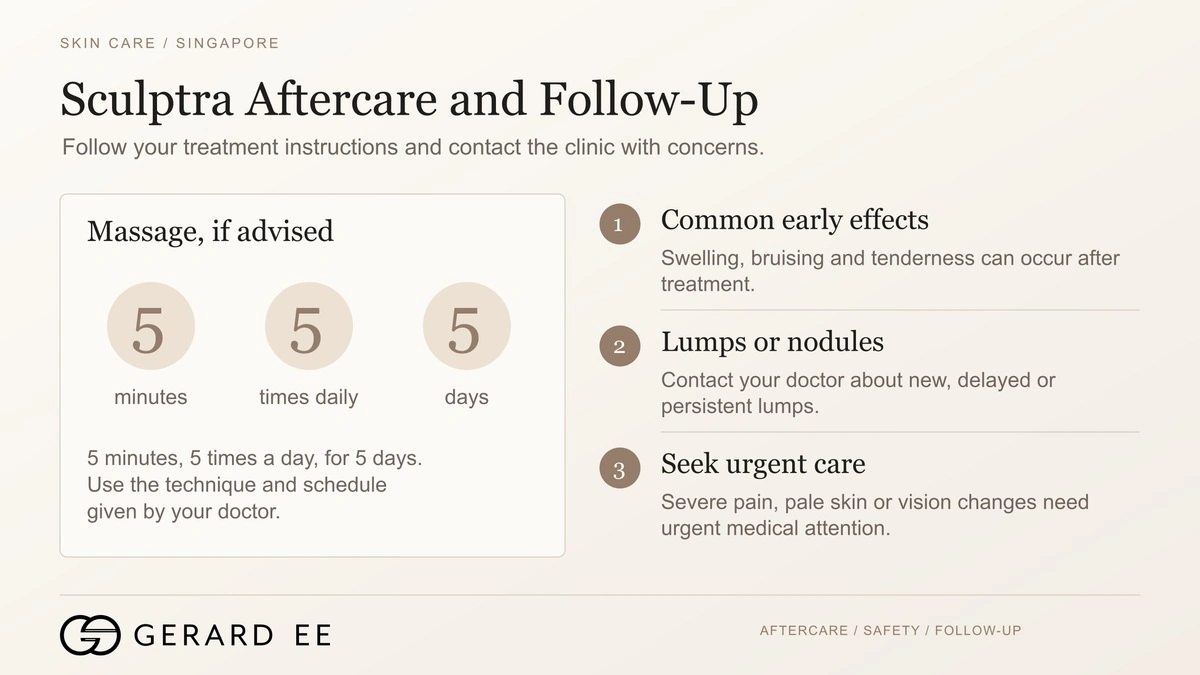 Sculptra aftercare and follow-up, massage five minutes five times a day for five days, and signs that need urgent care