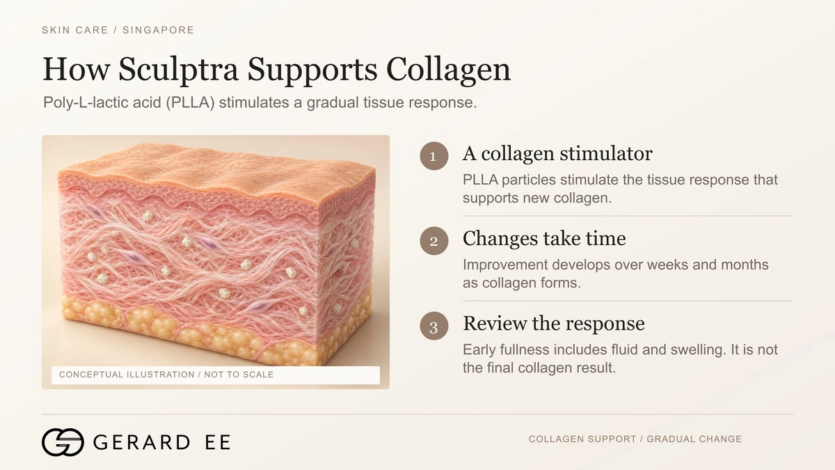 How Sculptra supports collagen, poly-L-lactic acid (PLLA) particles stimulating a gradual collagen response in the skin
