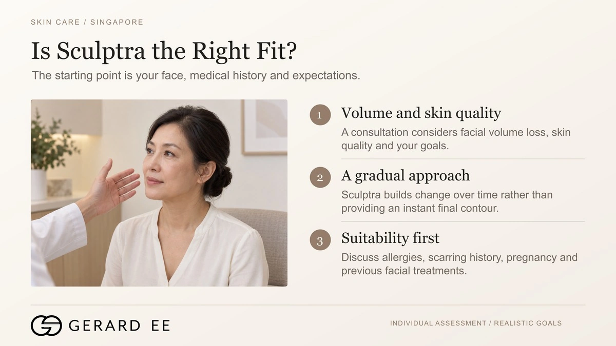 Is Sculptra the right fit, consultation on facial volume loss, skin quality and suitability for PLLA in Singapore