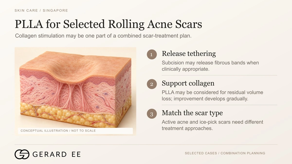 PLLA for rolling acne scars in Singapore, subcision to release tethering and Sculptra to support collagen