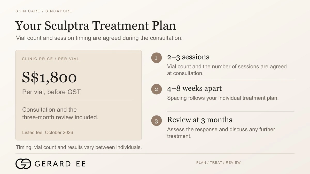 Sculptra price in Singapore, S$1,800 per vial before GST, two to three sessions four to eight weeks apart with review at three months