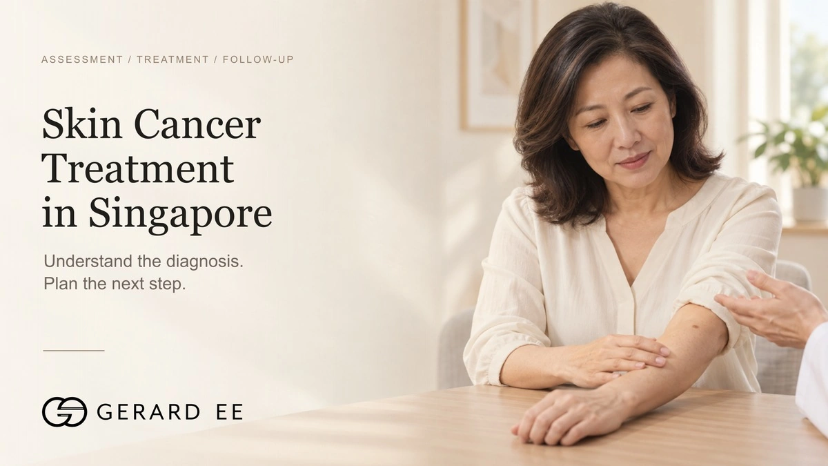 Skin cancer treatment in Singapore, a doctor checking a spot on the forearm during a skin cancer assessment