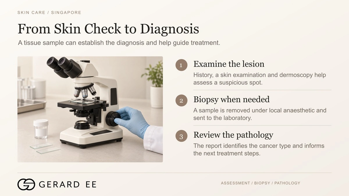 Skin cancer diagnosis in Singapore, examining the lesion, biopsy under local anaesthetic and reviewing the pathology report