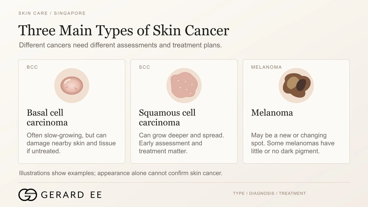 Three main types of skin cancer, basal cell carcinoma, squamous cell carcinoma and melanoma