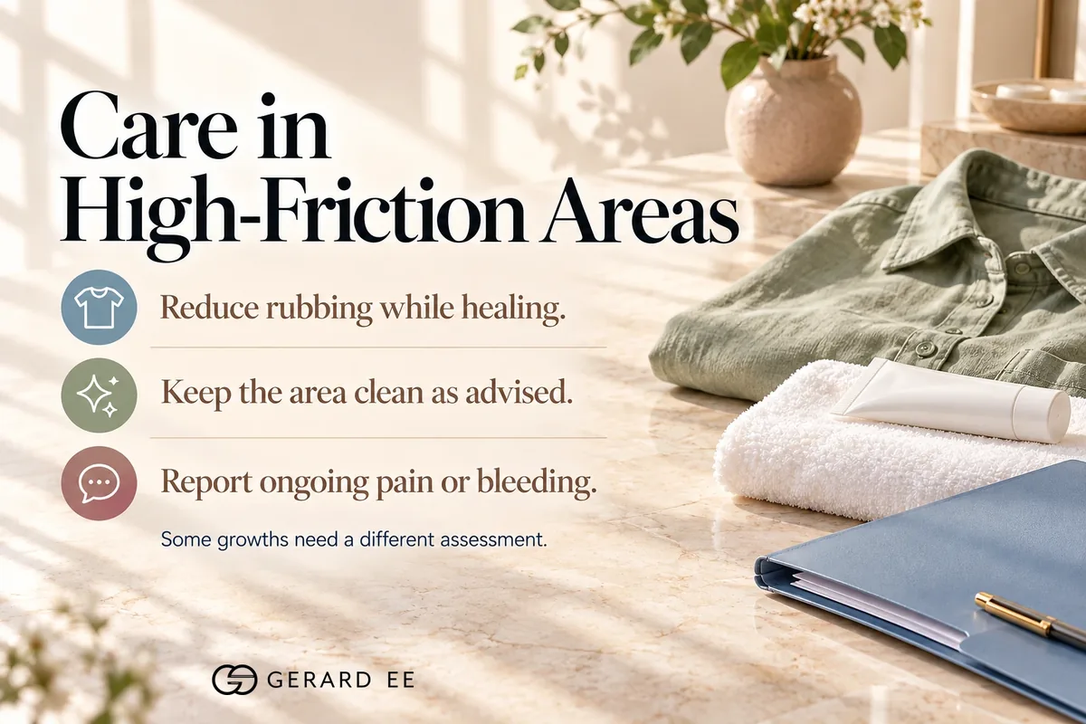 Skin tags in the groin and under the breast, care in high-friction areas while healing, report ongoing pain or bleeding