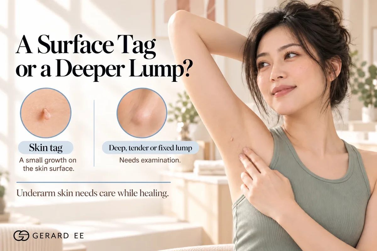 Skin tag in the armpit, a surface tag on a stalk compared with a deep, tender or fixed lump that needs examination