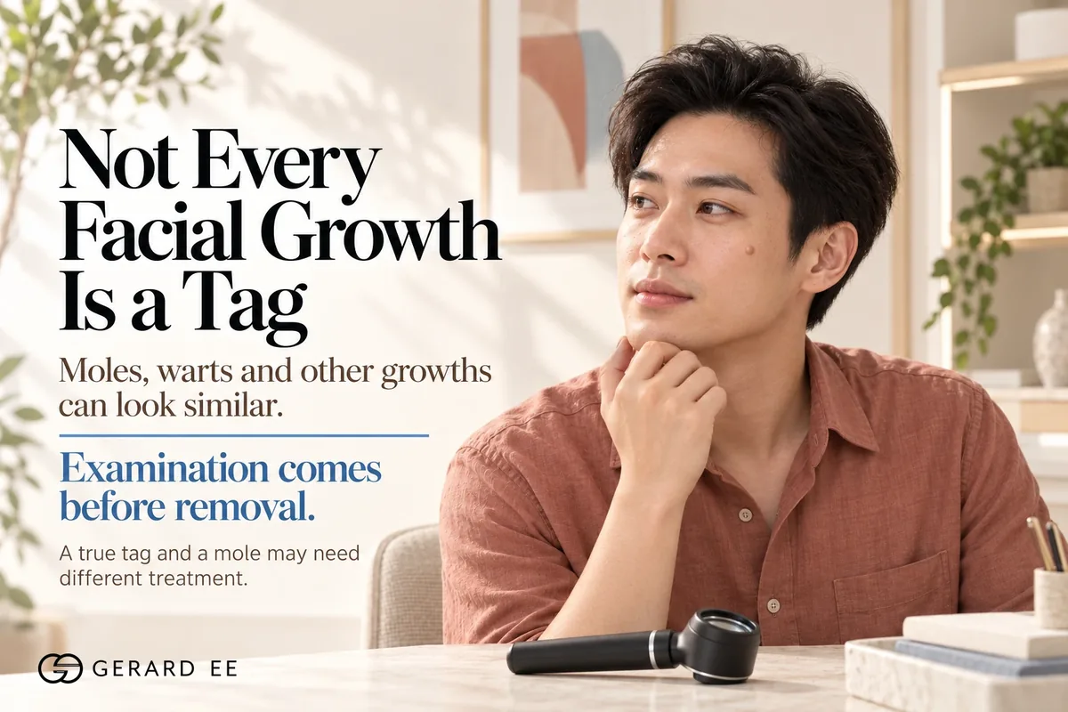 Skin tag on the face, moles, warts and other growths look similar so every facial growth is examined under the dermatoscope first