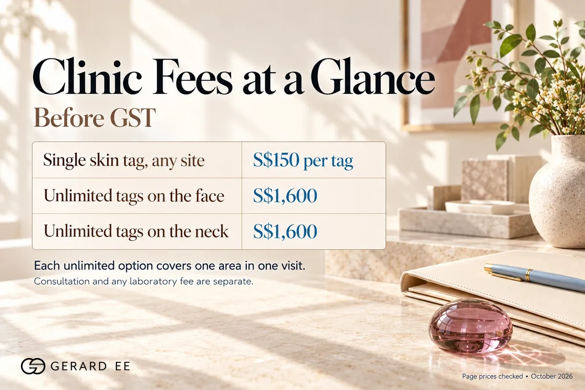 Skin tag removal price in Singapore, $150 per tag or $1,600 for unlimited tags on the face or the neck, before GST