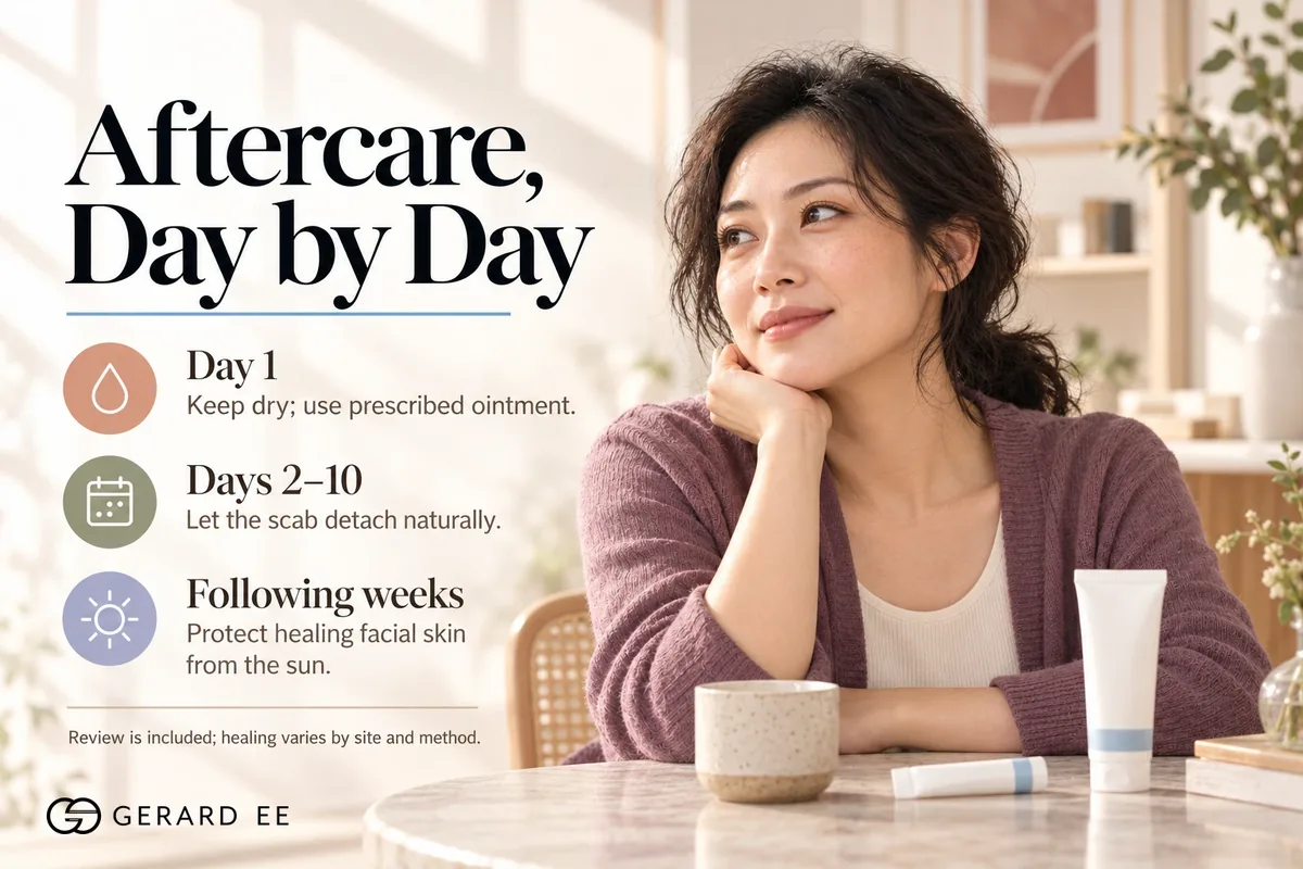 Aftercare after skin tag removal in Singapore, keep dry on day 1, let the scab separate by day 10, sunscreen on the face