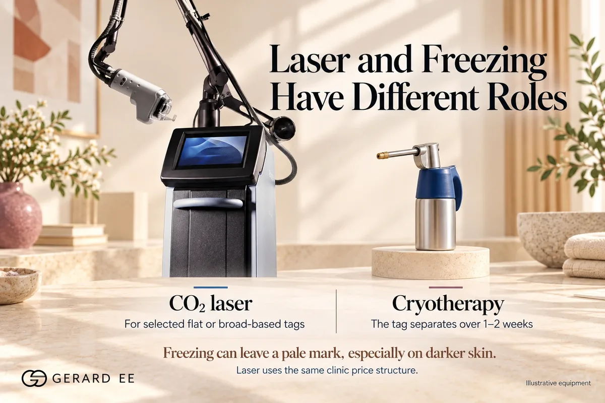 CO2 laser and cryotherapy for skin tag removal in Singapore, laser for flat or broad-based tags, freezing can leave a pale mark