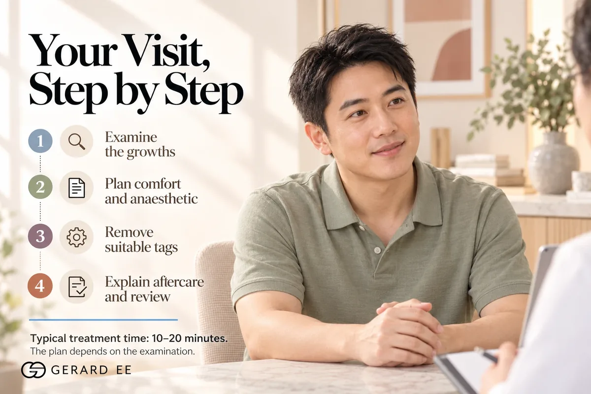 What happens during skin tag removal in Singapore, examination, anaesthetic, removal and aftercare in 10 to 20 minutes
