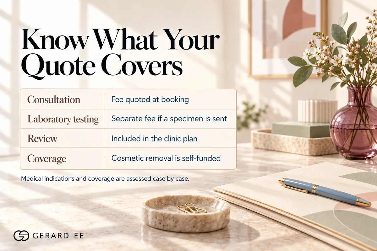 What a skin tag removal quote in Singapore covers, consultation fee, laboratory fee, included review and self-funded cosmetic removal